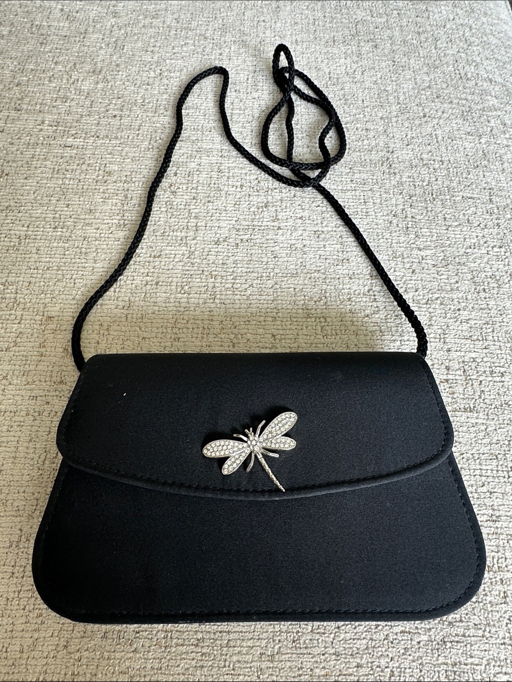 Vintage 90s Black Indeed Evening Crossbody Bag with Crystal Dragonfly Accent